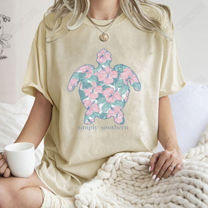 Unisex Simply Southern Flower Trutle Printed Washed Tee