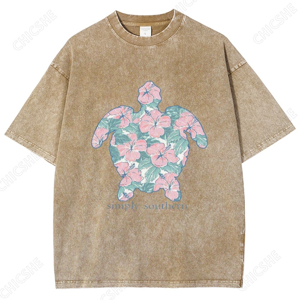 Unisex Simply Southern Flower Trutle Printed Washed Tee
