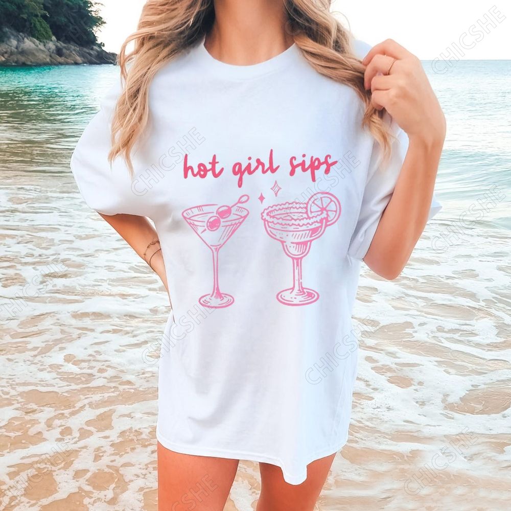 Beach Hot Girl Sips Printed Tee