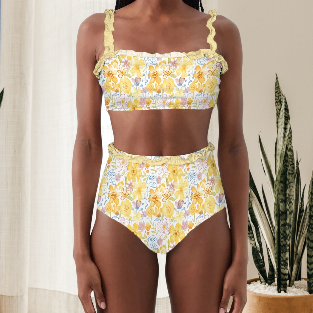 Yellow Floral Ruffle Bikini