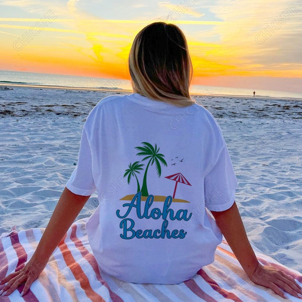 Aloha Beachs Letter Art Colorful Back Printed Tee