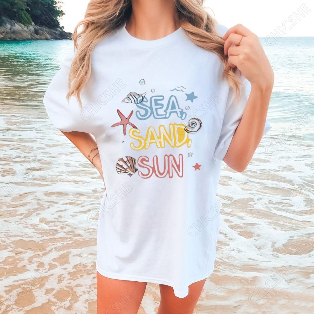 Beach Sea Sand Sun Colorful Shells Letter Printed Tee