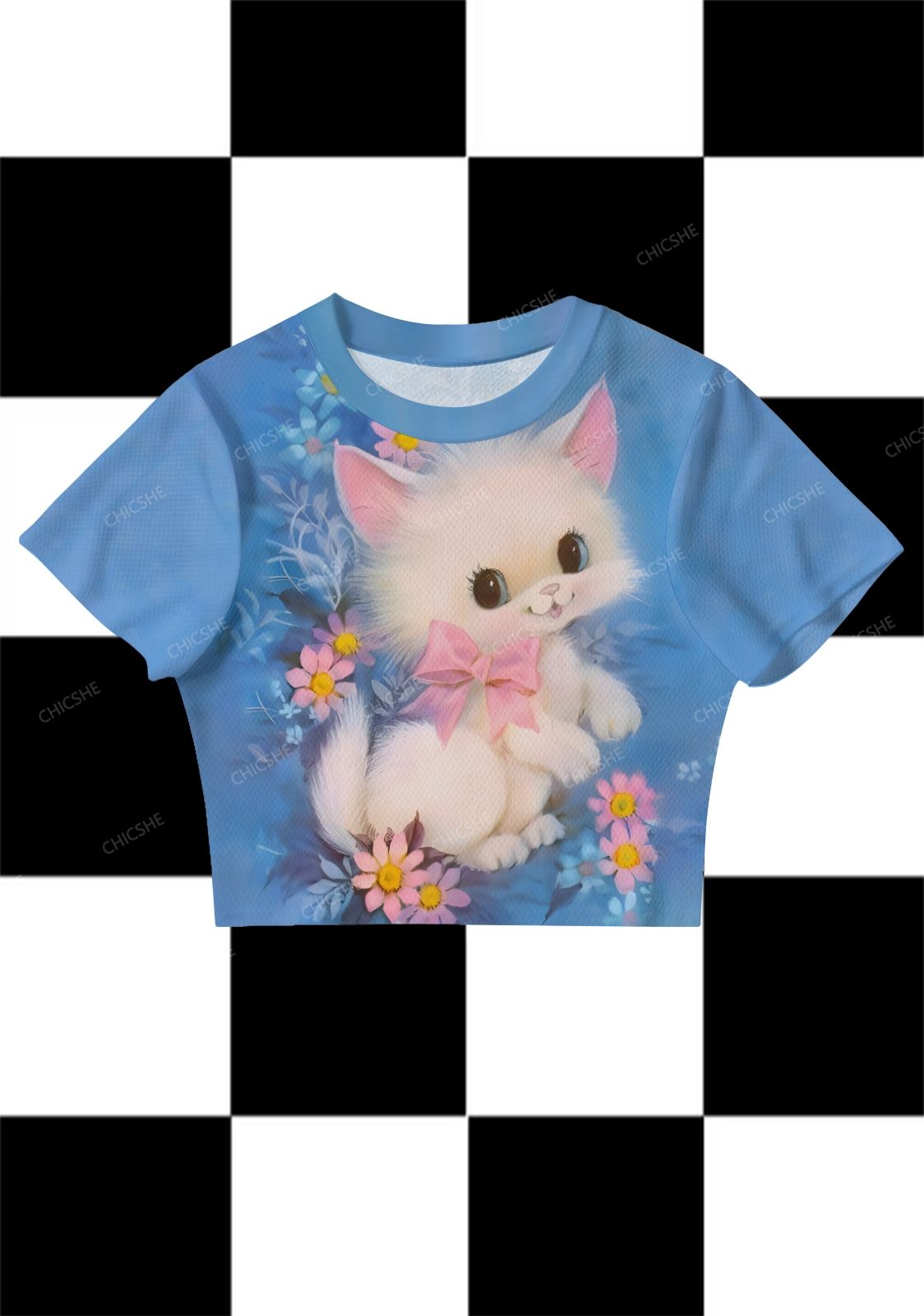 White Cat With A Bow Mesh Crop Top