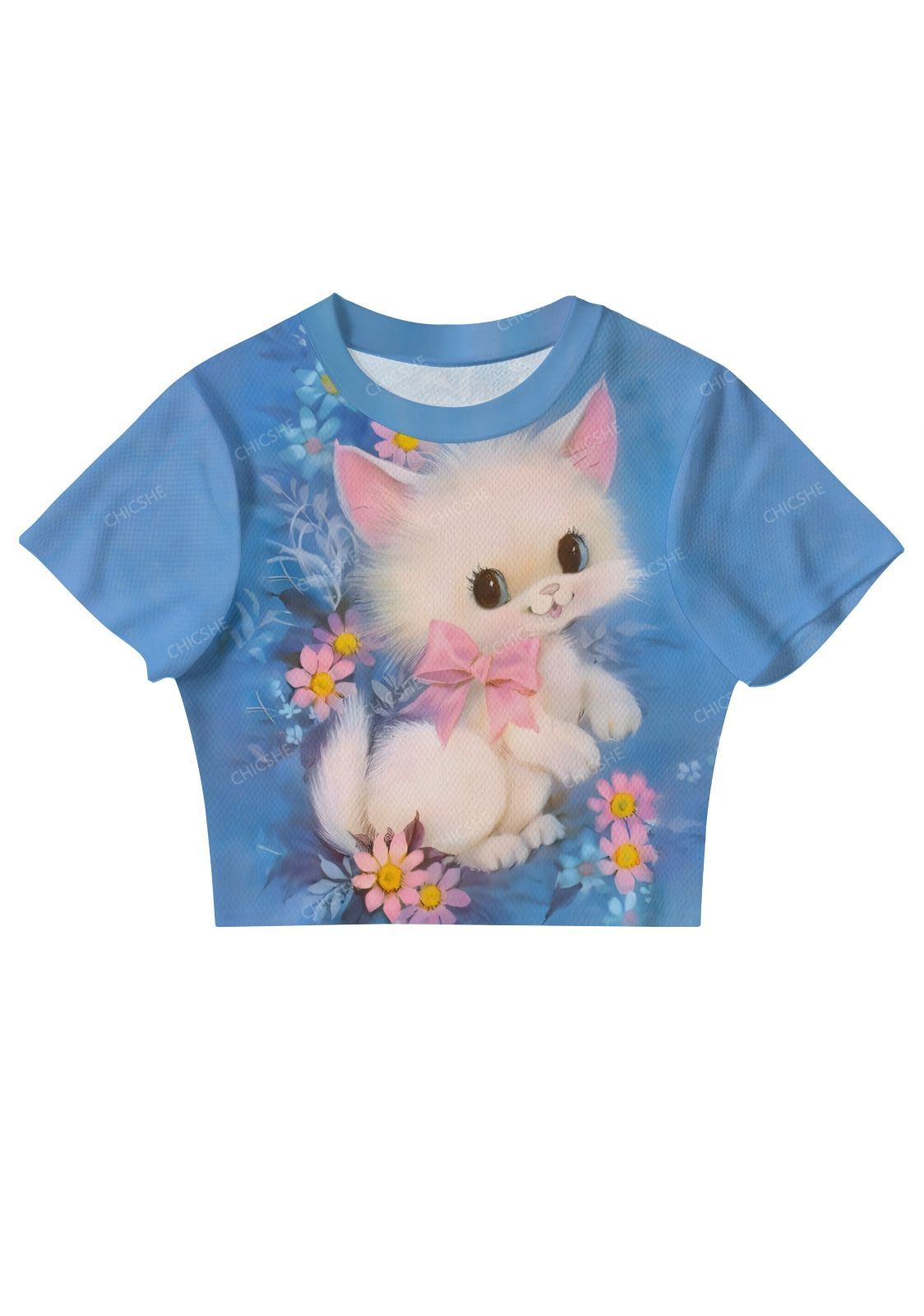 White Cat With A Bow Mesh Crop Top