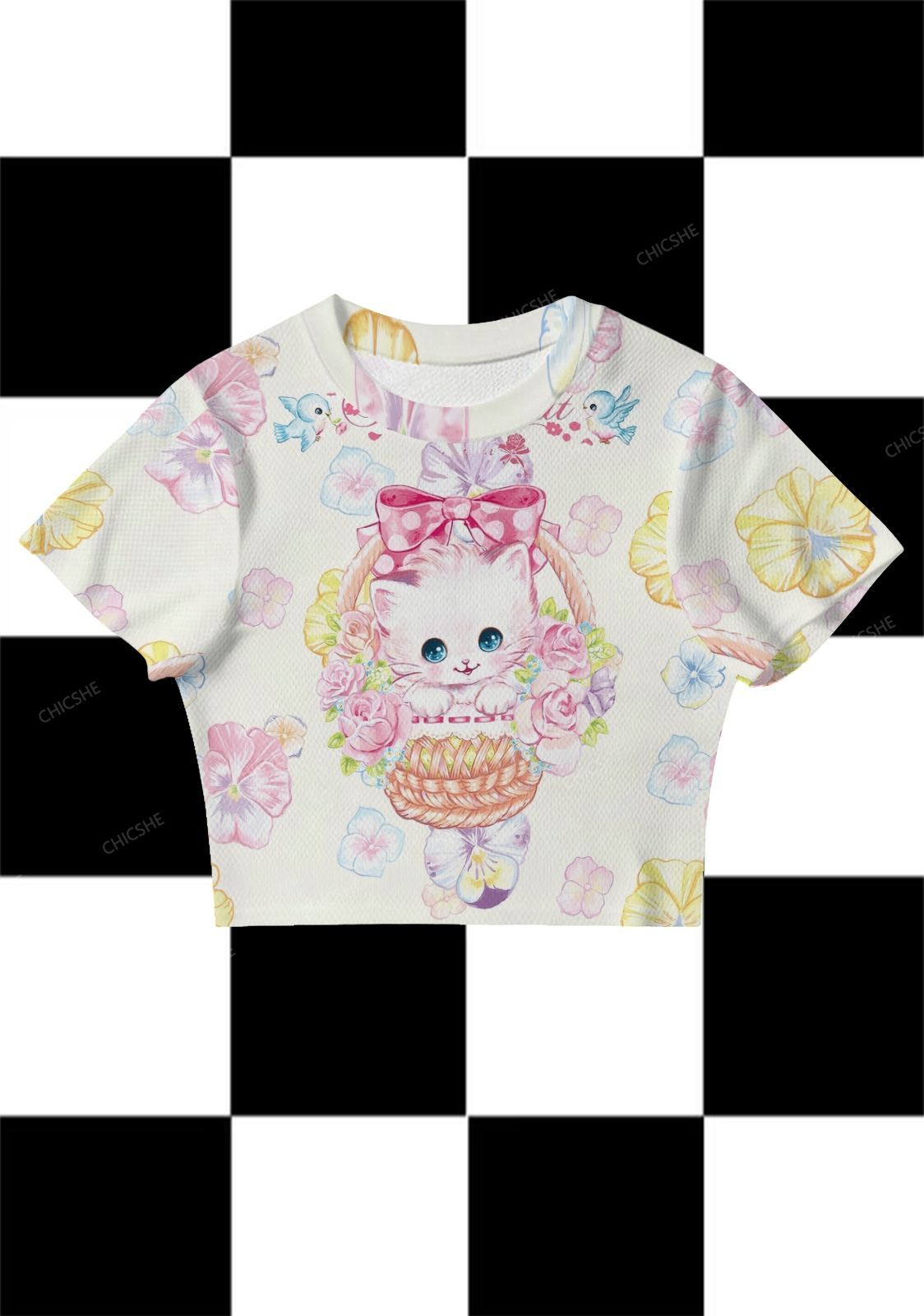 Vintage Cat Flower Basket Y2K Mesh Crop Top