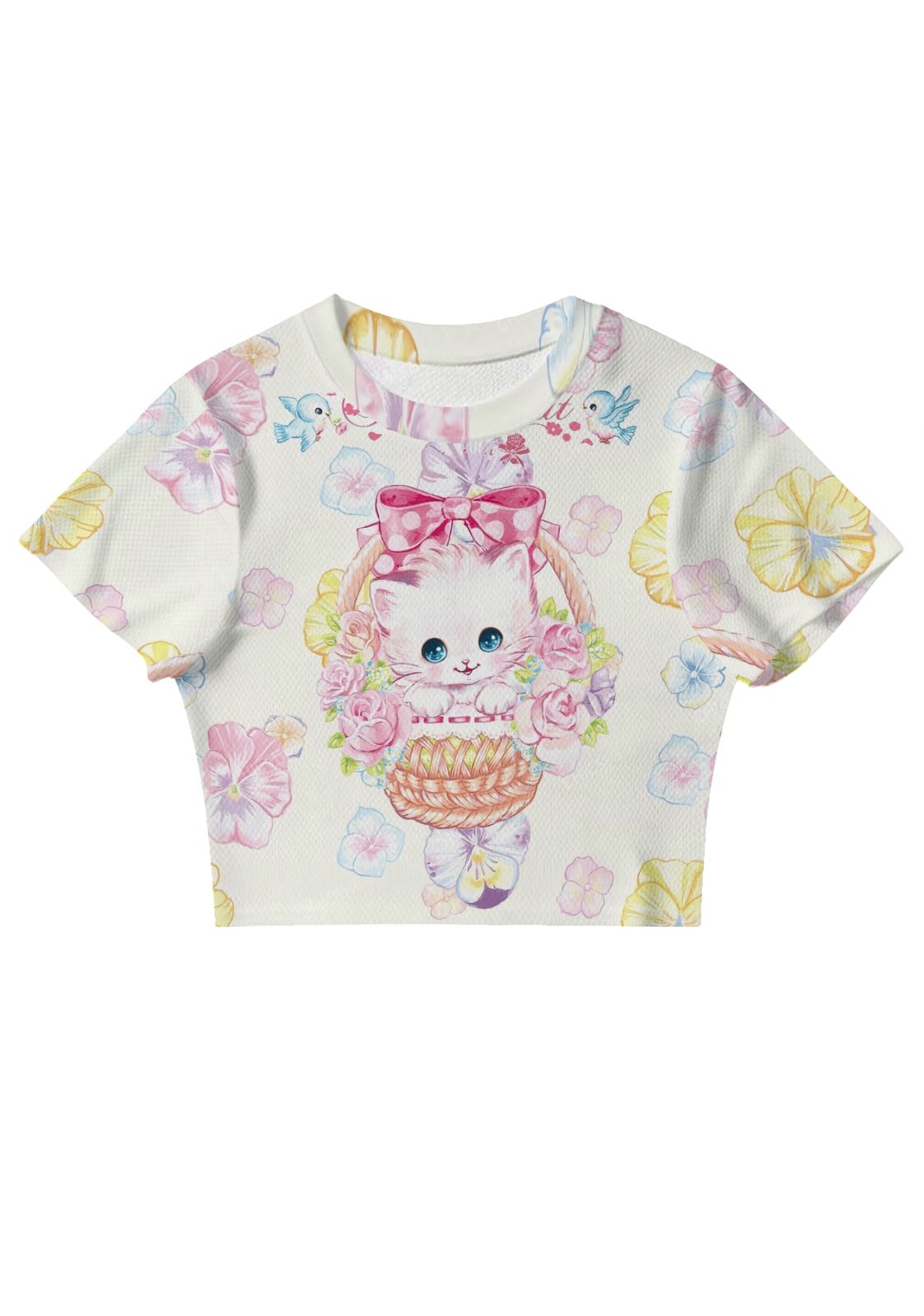 Vintage Cat Flower Basket Y2K Mesh Crop Top