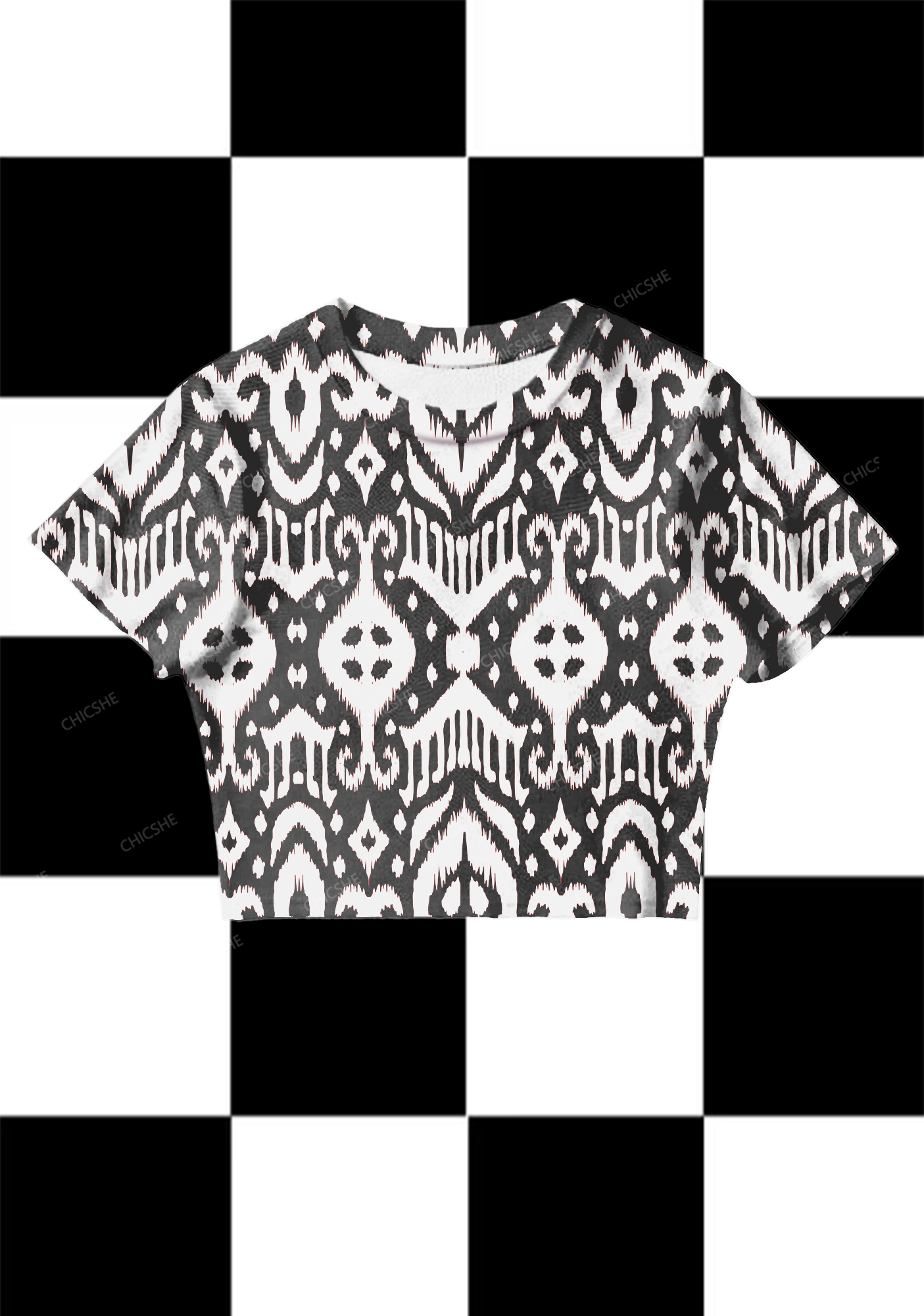 Chicshe Black Square Abstract Print Y2K Mesh Crop Top