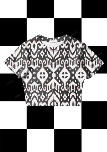 Chicshe Black Square Abstract Print Y2K Mesh Crop Top