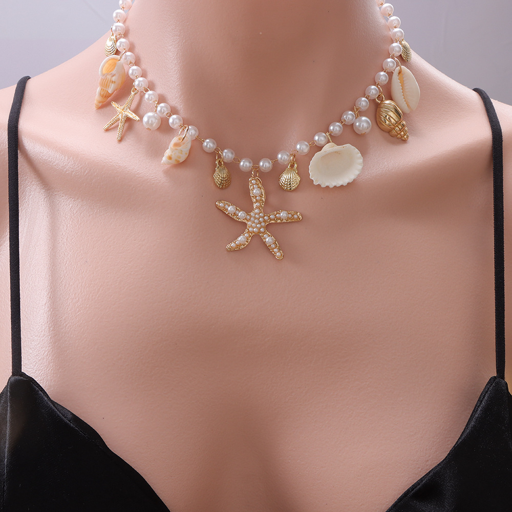 Seaside Imitation Pearl Starfish Conch Pendant Necklace Bracelet