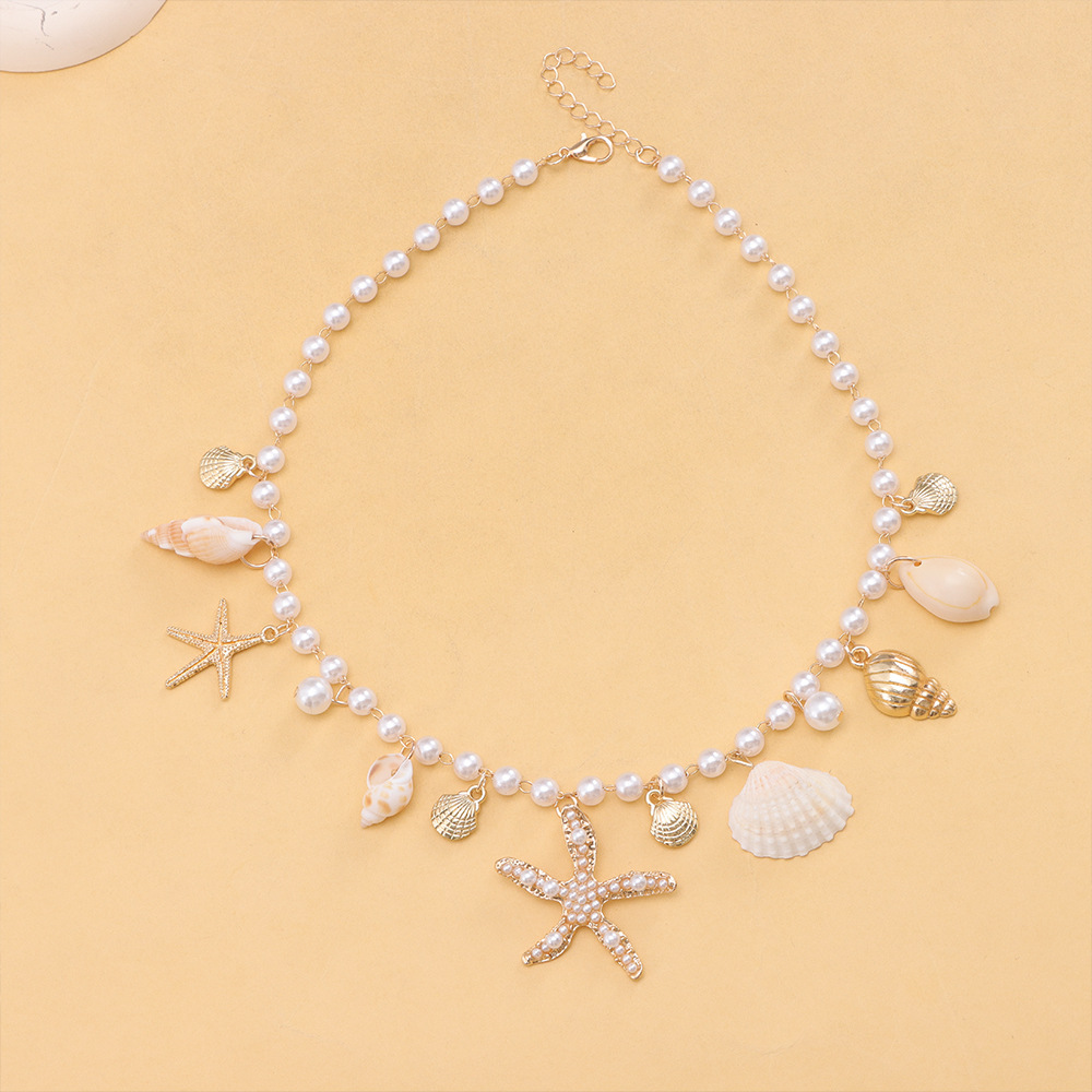 Seaside Imitation Pearl Starfish Conch Pendant Necklace Bracelet