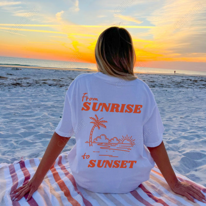 Line Coconut Trees And Sunset Print T-Shirt