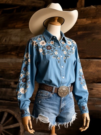 Women's Vintage Western Floral Long Sleeve Shirt