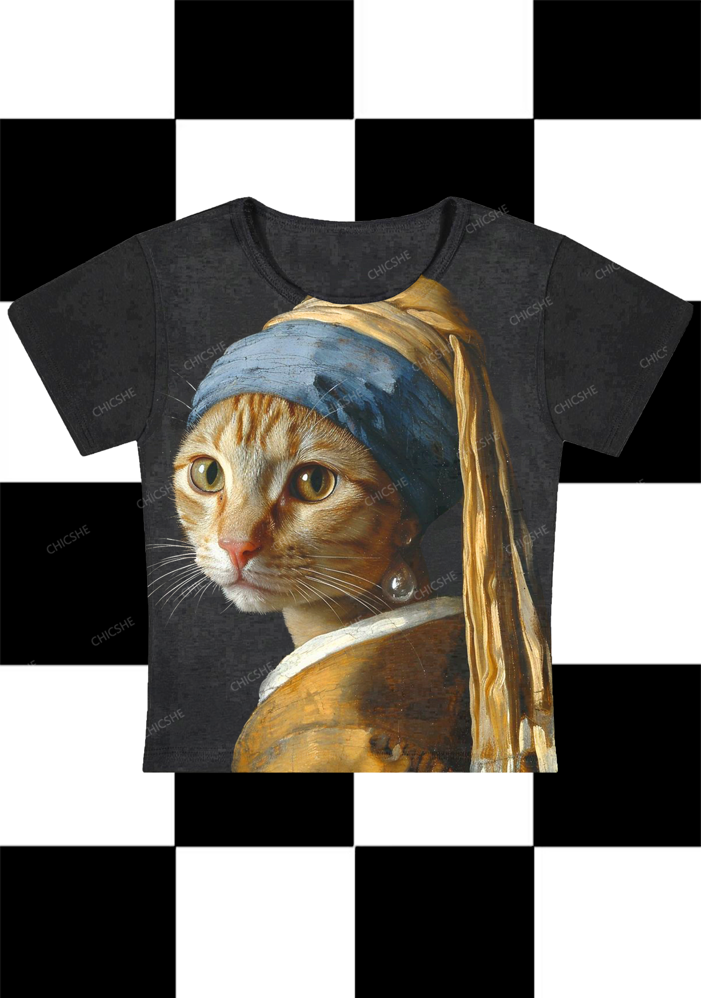 Chicshe Cat With Earrings Y2K Baby Tee 