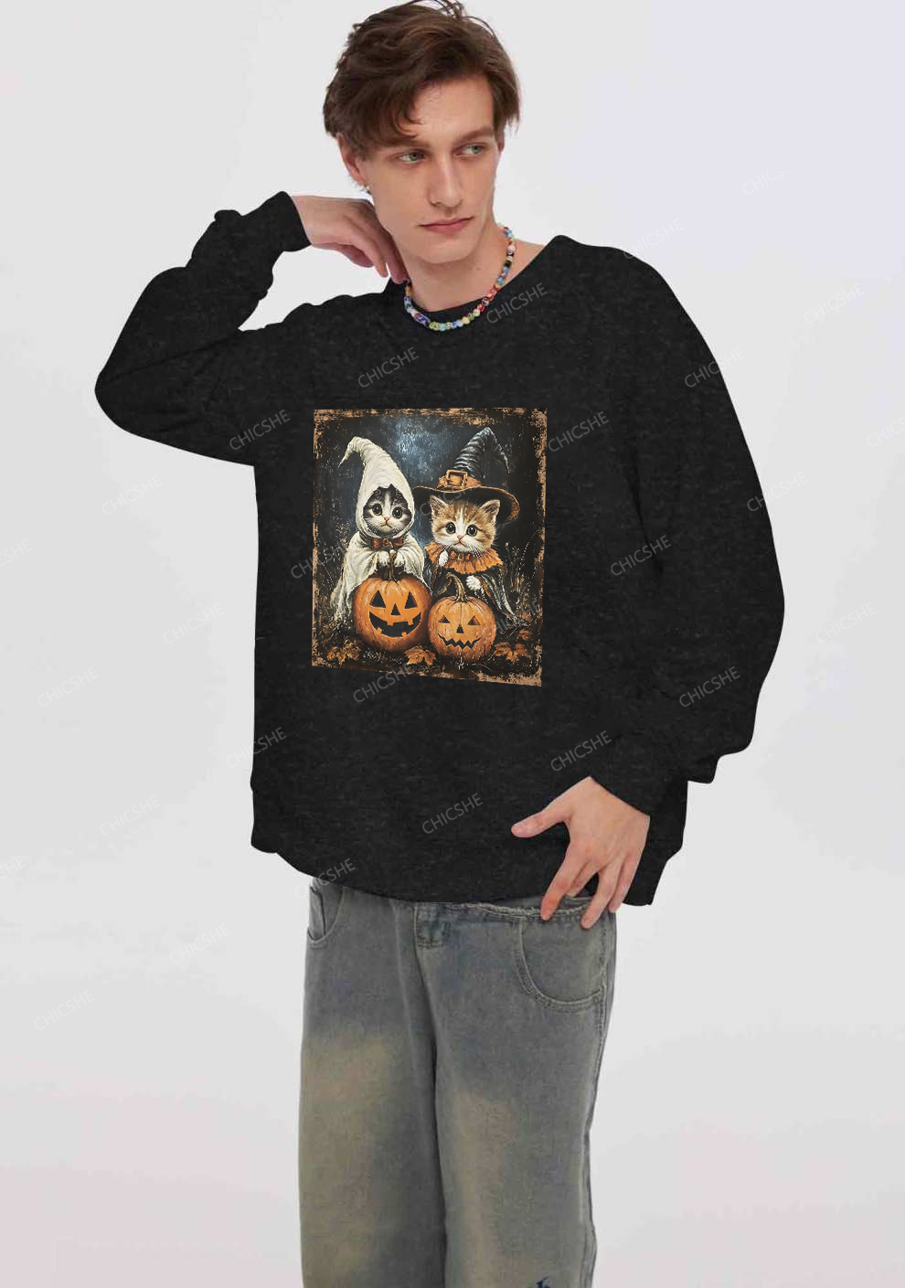 Chicshe Halloween Pumpkin Cat Y2K Washed Sweatshirts 