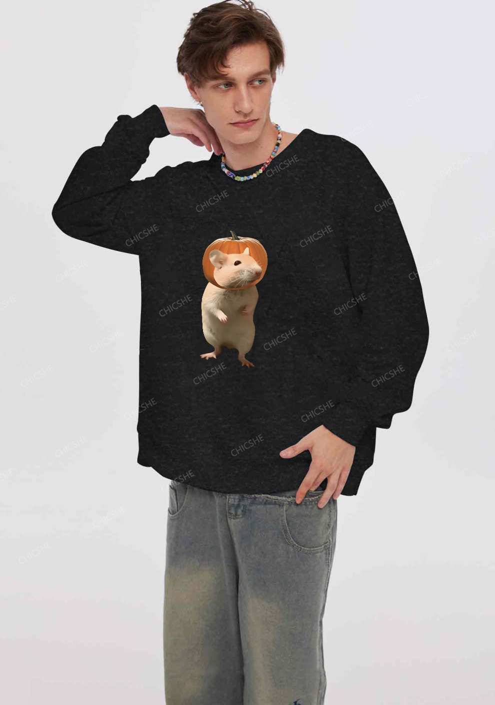 Chicshe Halloween Pumpkin Rat Y2K Washed Sweatshirts 