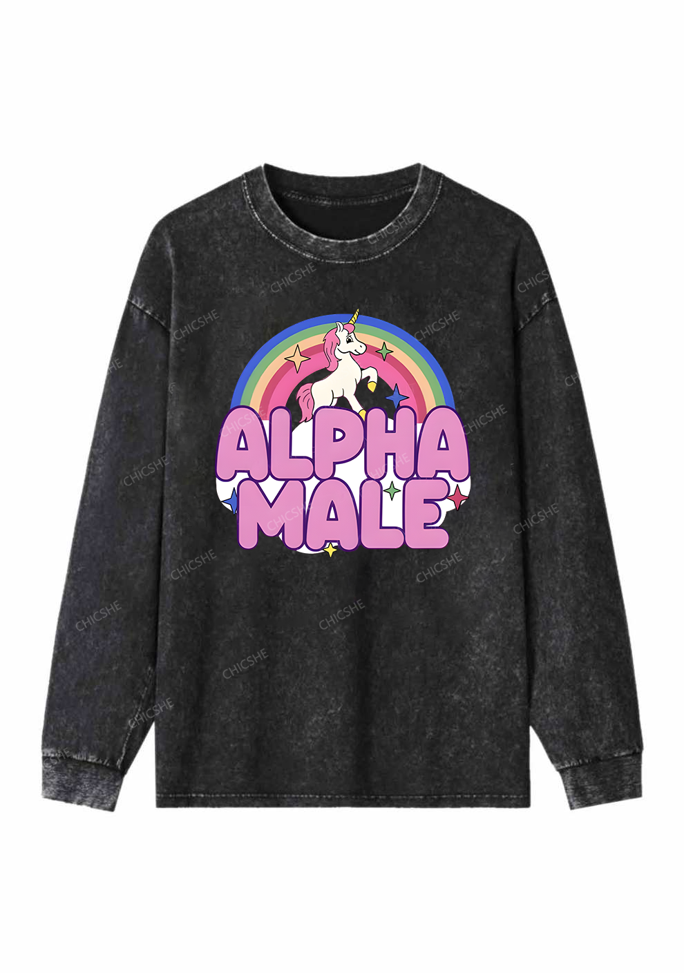 Rainbow Unicorn Alpha Male Y2K Washed Long Sleeves Chicshe