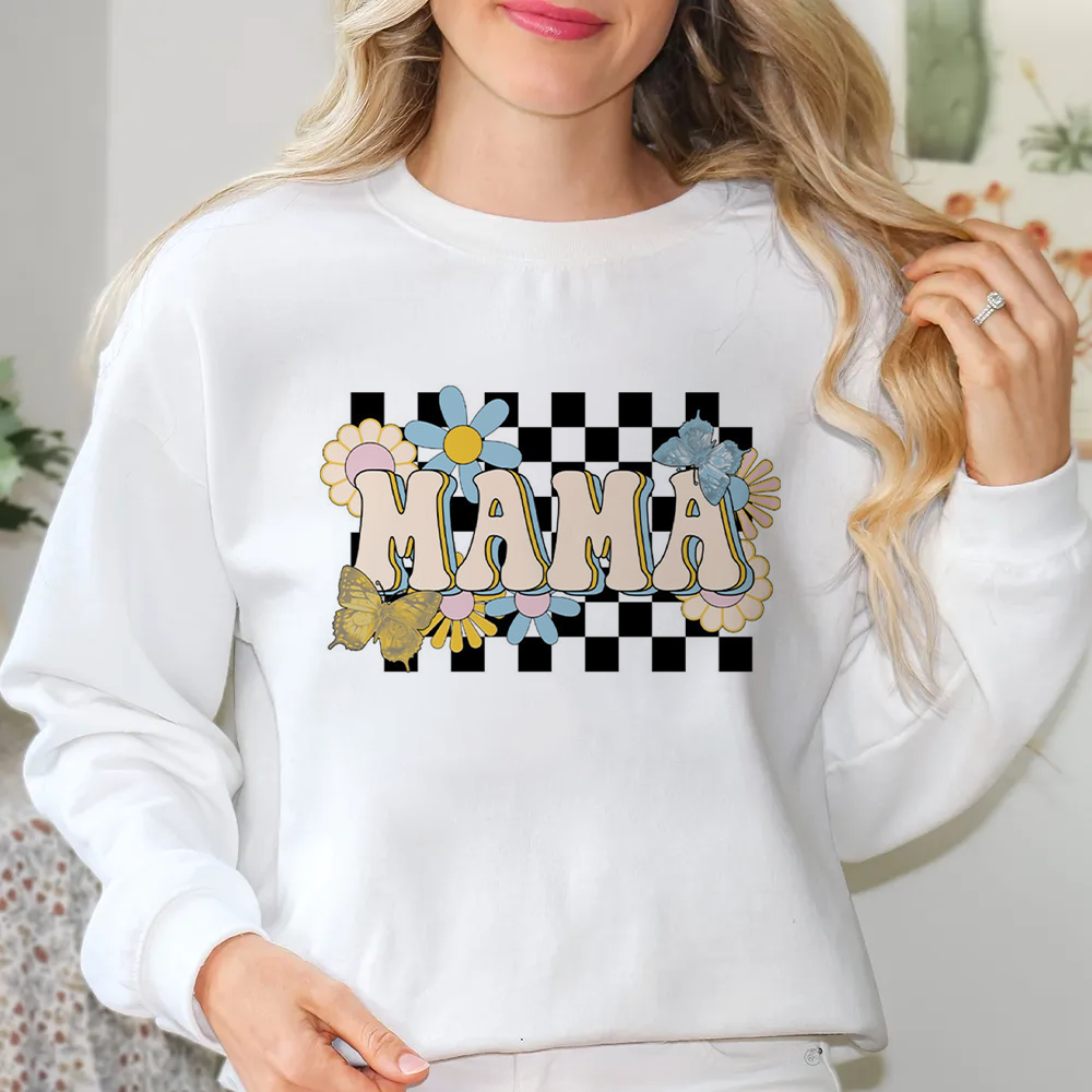 Mama Flowers And Black And White Grid Sweatshirt
