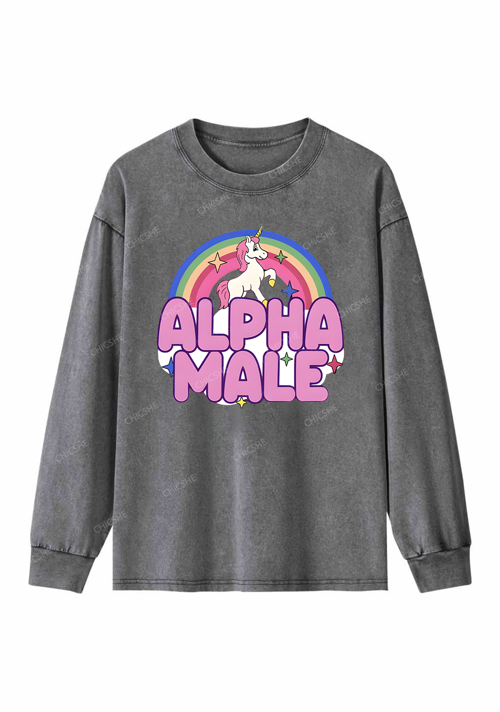 Rainbow Unicorn Alpha Male Y2K Washed Long Sleeves Chicshe