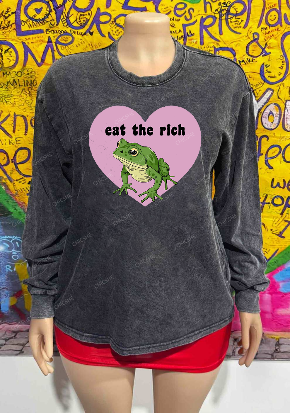 Eat The Rich Frog Y2K Washed Long Sleeves Chicshe
