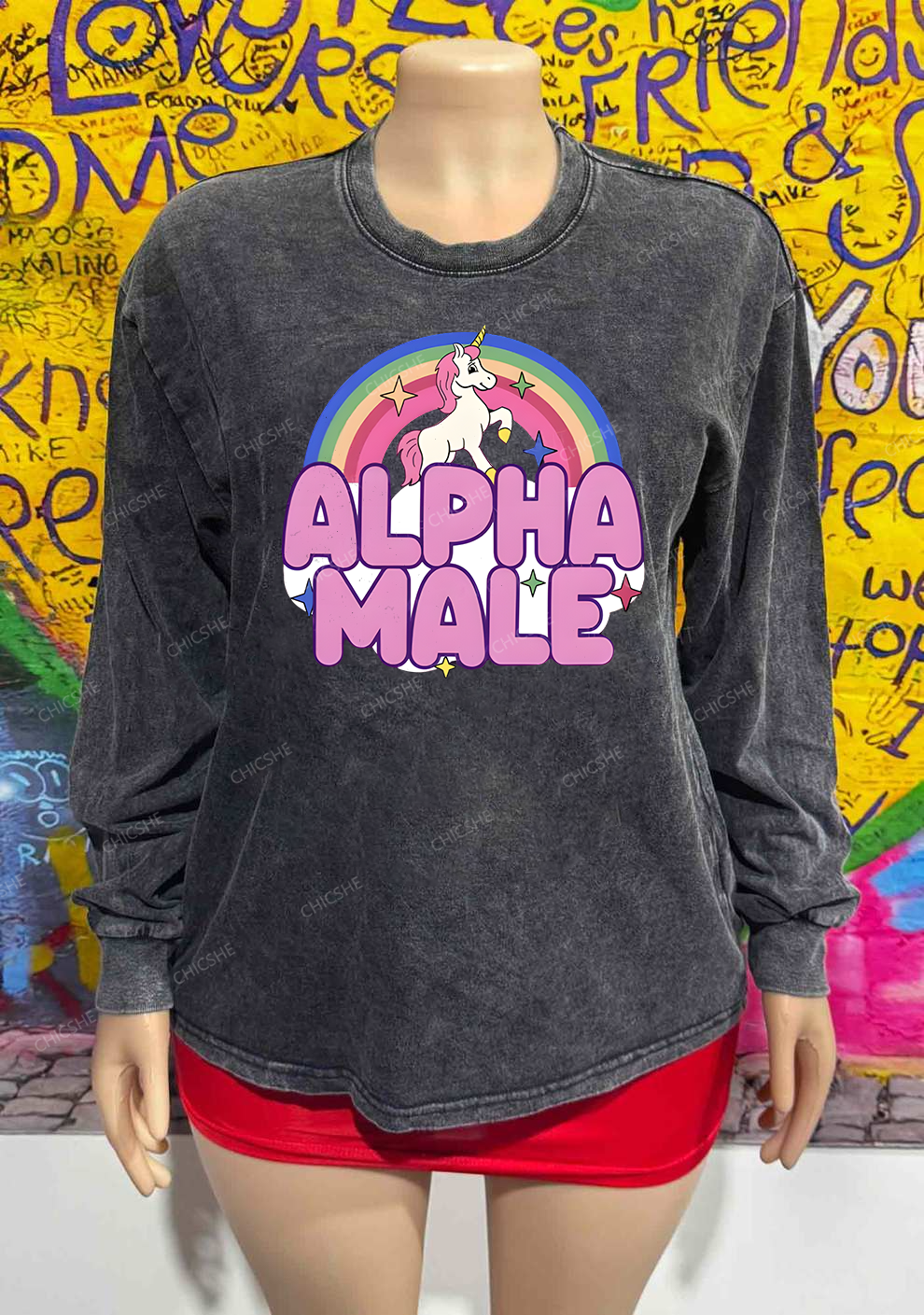 Rainbow Unicorn Alpha Male Y2K Washed Long Sleeves Chicshe