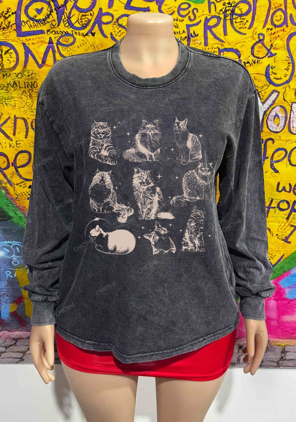 Retro Kitten Y2K Washed Long Sleeves Chicshe