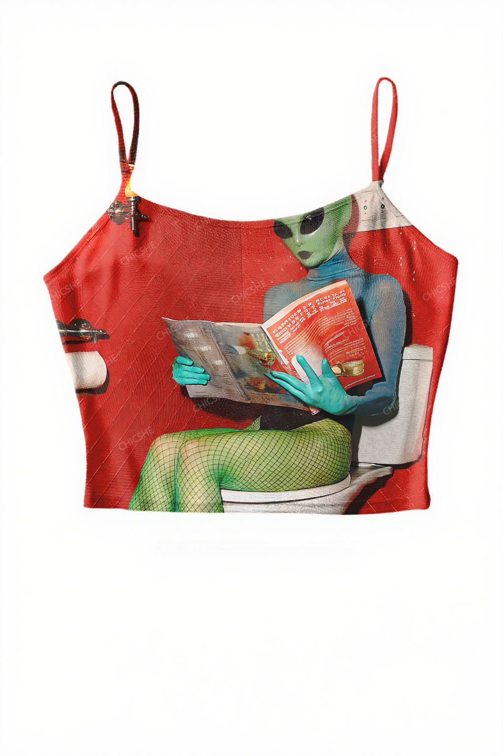  Halloween Alien On The Toilet Y2K Print Mesh Cami Tank Chicshe 