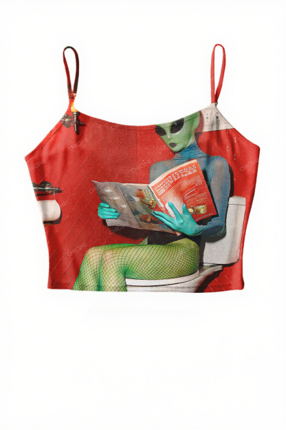  Halloween Alien On The Toilet Y2K Print Mesh Cami Tank Chicshe 