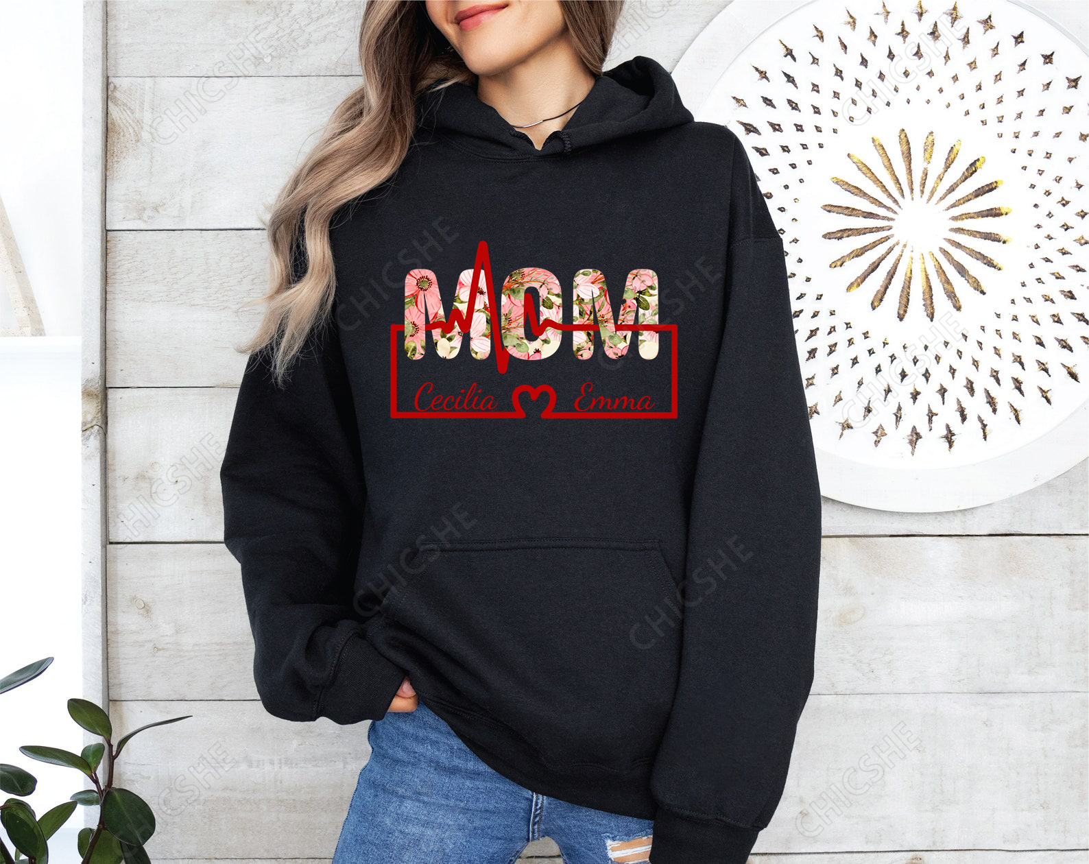 Custom Heartbeat Curve Mom Print Hoodie