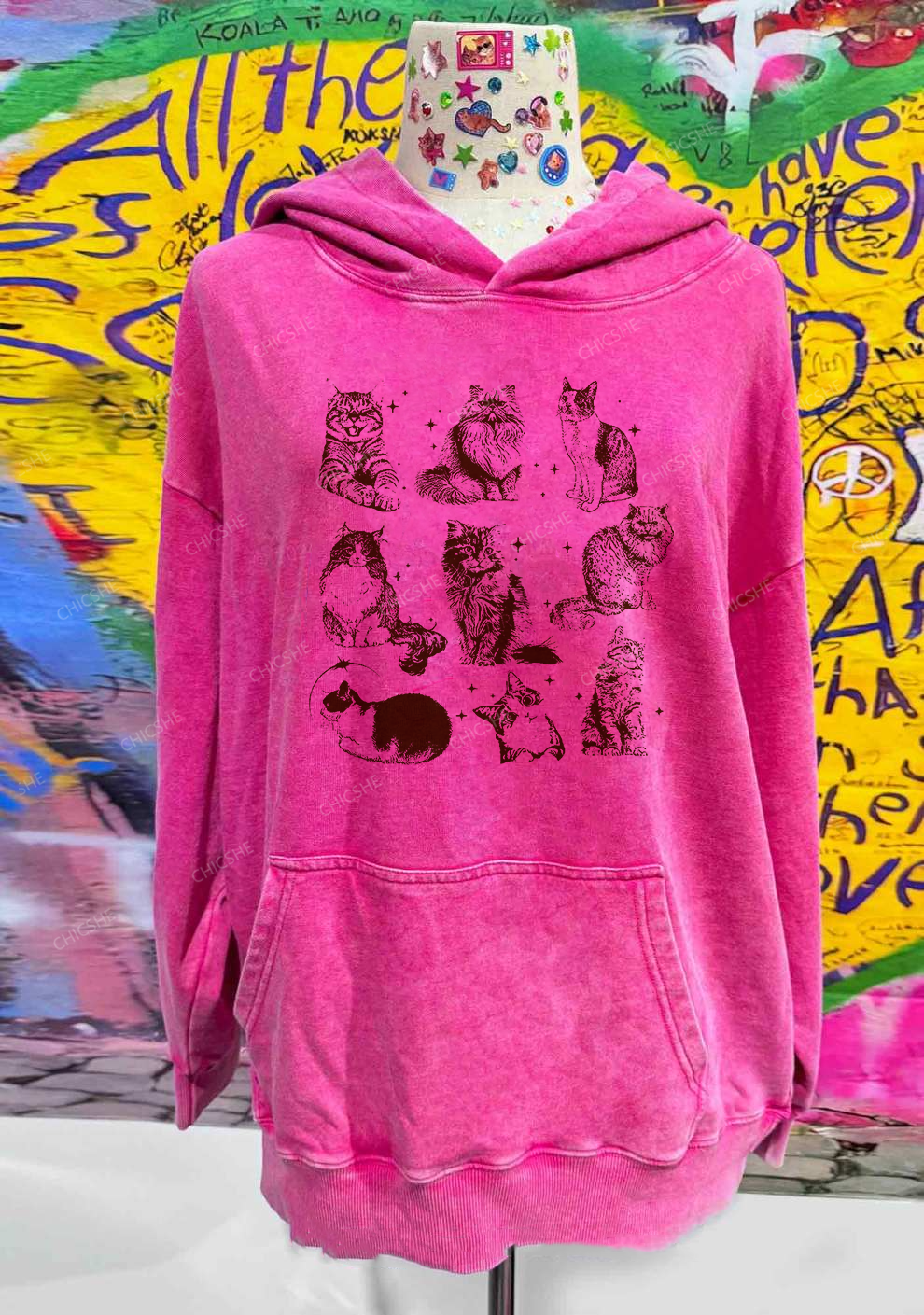 Retro Kitten Y2K Washed Hoodie Chicshe