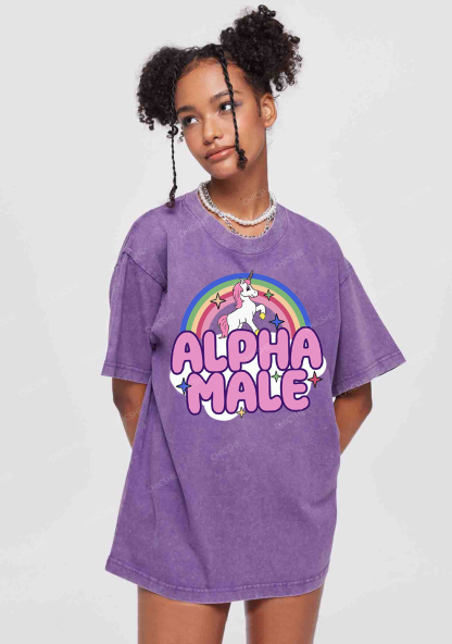 Rainbow Unicorn Alpha Male Y2K Washed Tee Chicshe