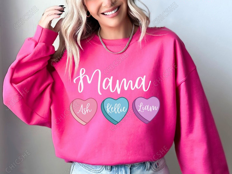 Custom Mama Sweatshirt with Kids Names Candy Hearts Mom Sweater Pink Long Sleeve