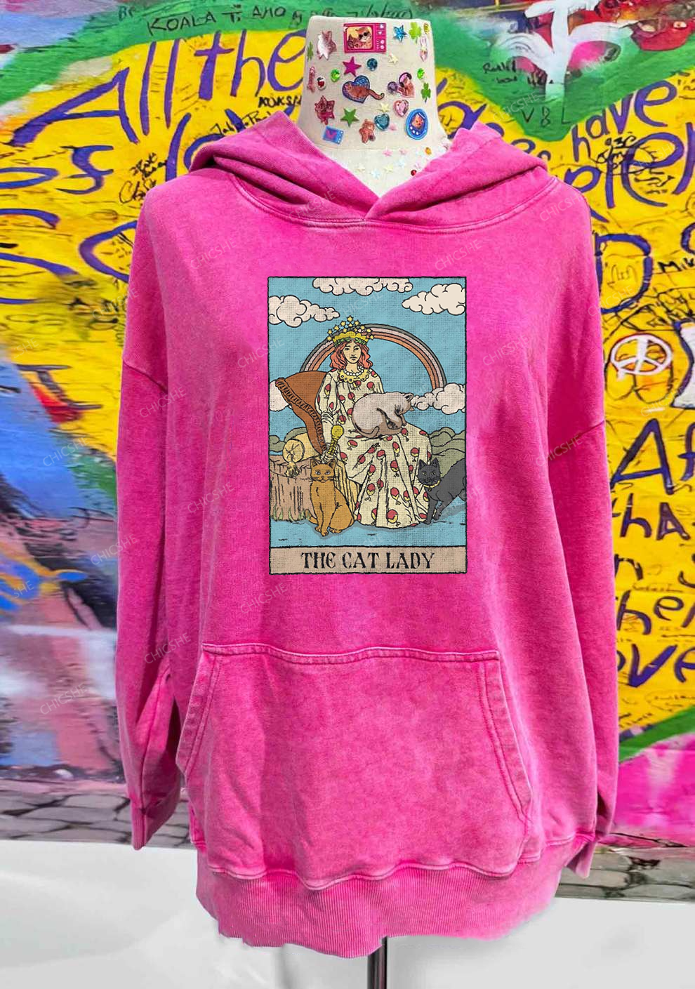 The Cat Lady Y2K Washed Hoodie Chicshe