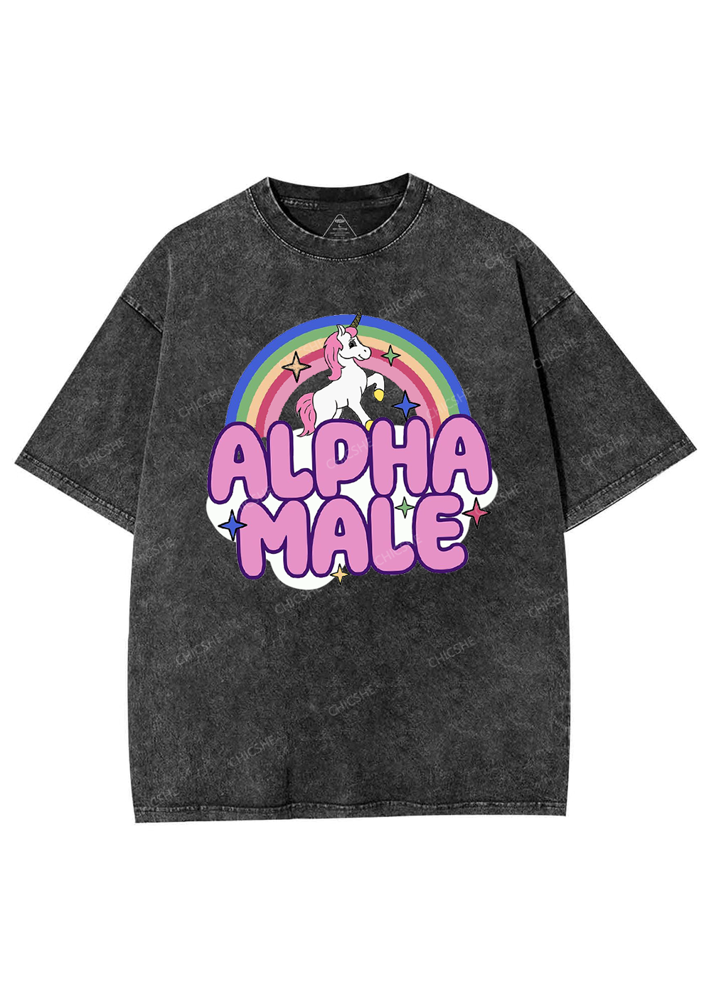 Rainbow Unicorn Alpha Male Y2K Washed Tee Chicshe