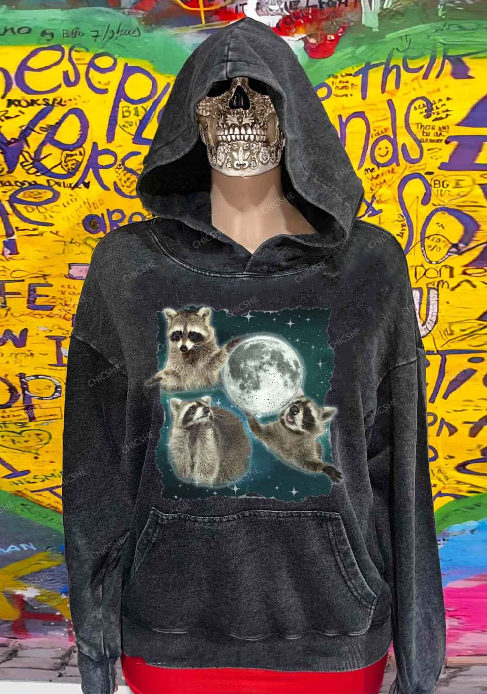 Raccoon Moon Y2K Washed Hoodie Chicshe