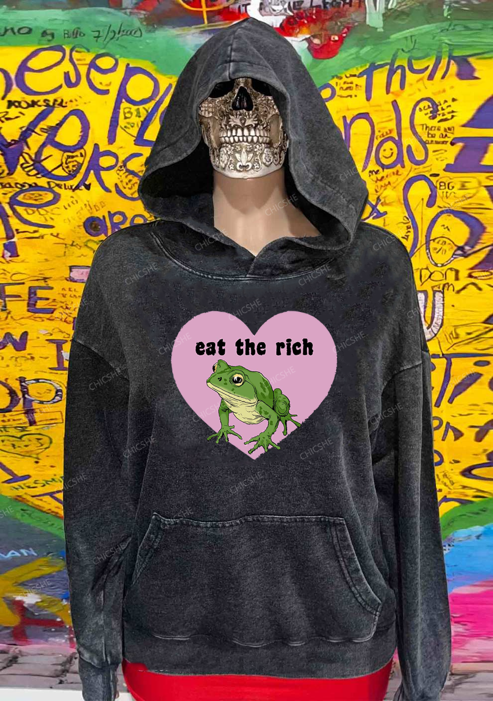 Eat The Rich Frog Y2K Washed Hoodie Chicshe