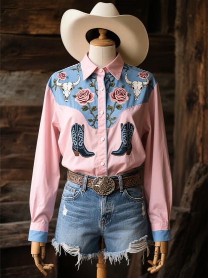 Women's Vintage Western Floral Long Sleeve Shirt
