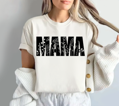 White Line Floral Shading Mama T-shirt