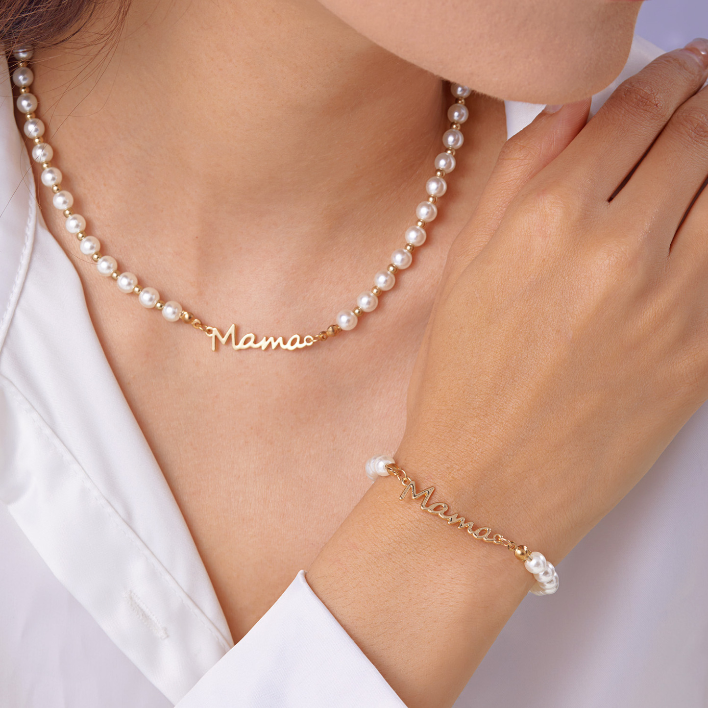 French Retro Style Letter Mama Pearl Bracelet Necklace