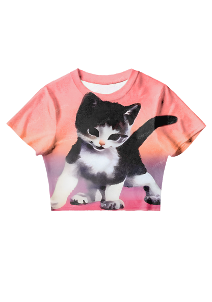 Chicshe Cute Black Cat Y2K Mesh Crop Top 