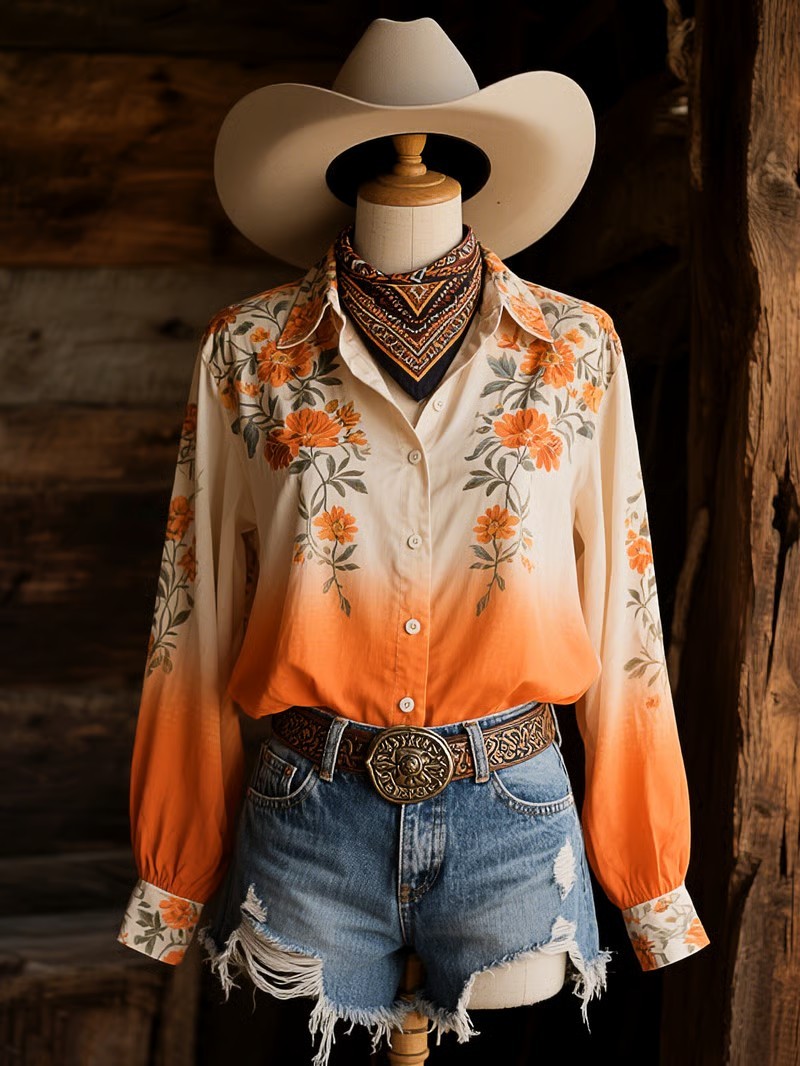 Women's Vintage Western Floral Long Sleeve Shirt