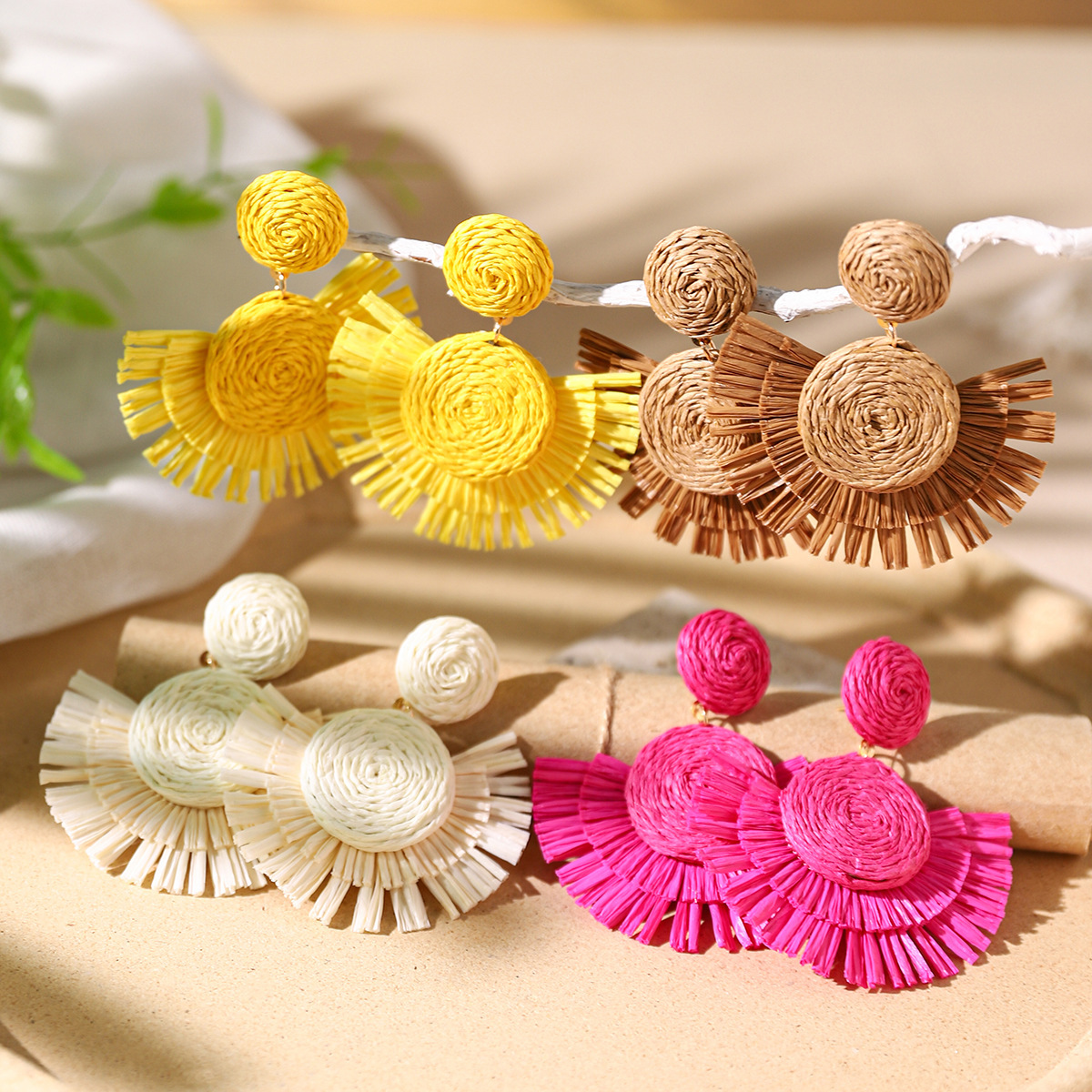 Bohemian Colorful Raffia Rattan Scalloped Earrings