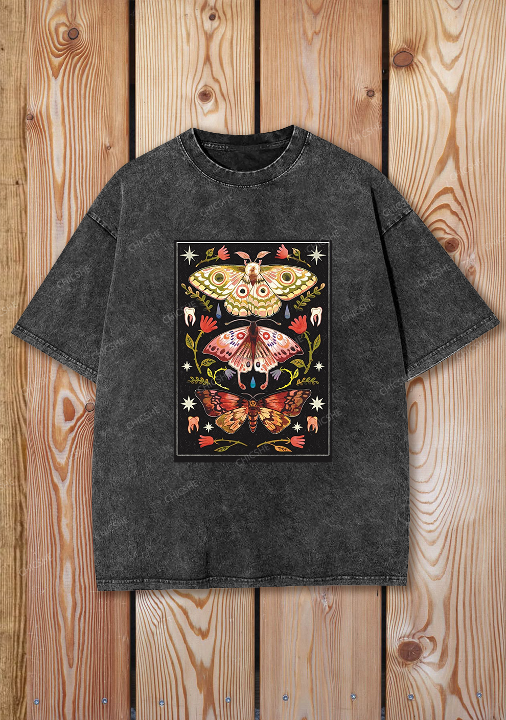 Chicshe Vintage Lucky Butterfly Illustration Shirts Washed Tee