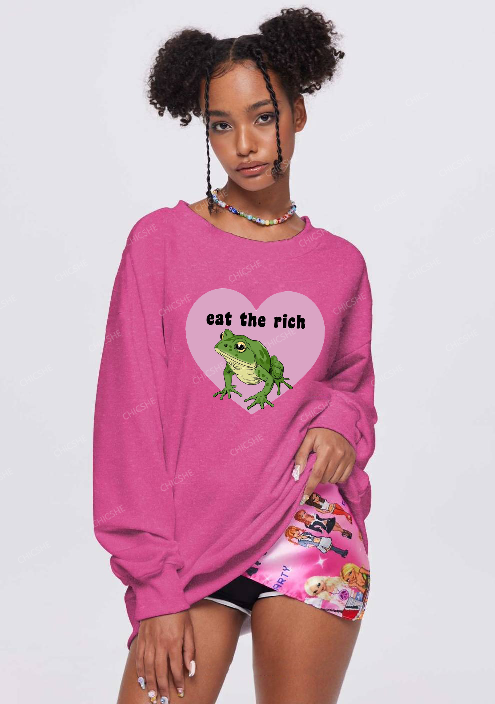 Eat The Rich Frog Y2K Washed Sweatshirts Chicshe
