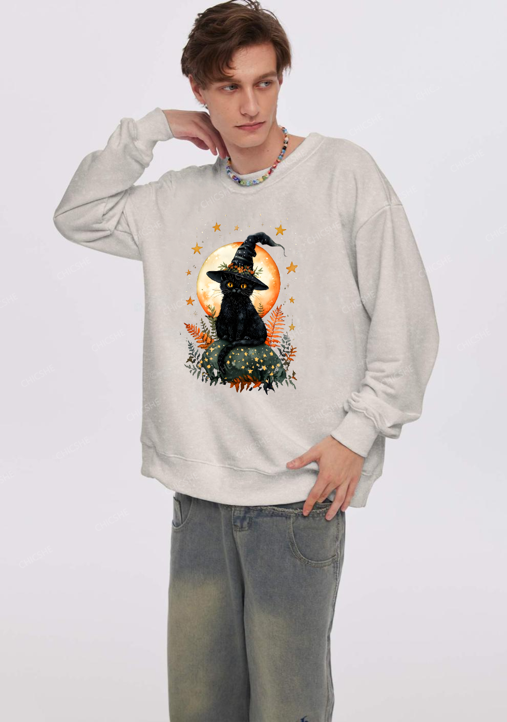 Chicshe Halloween Black Cat Y2K Washed Sweatshirts 