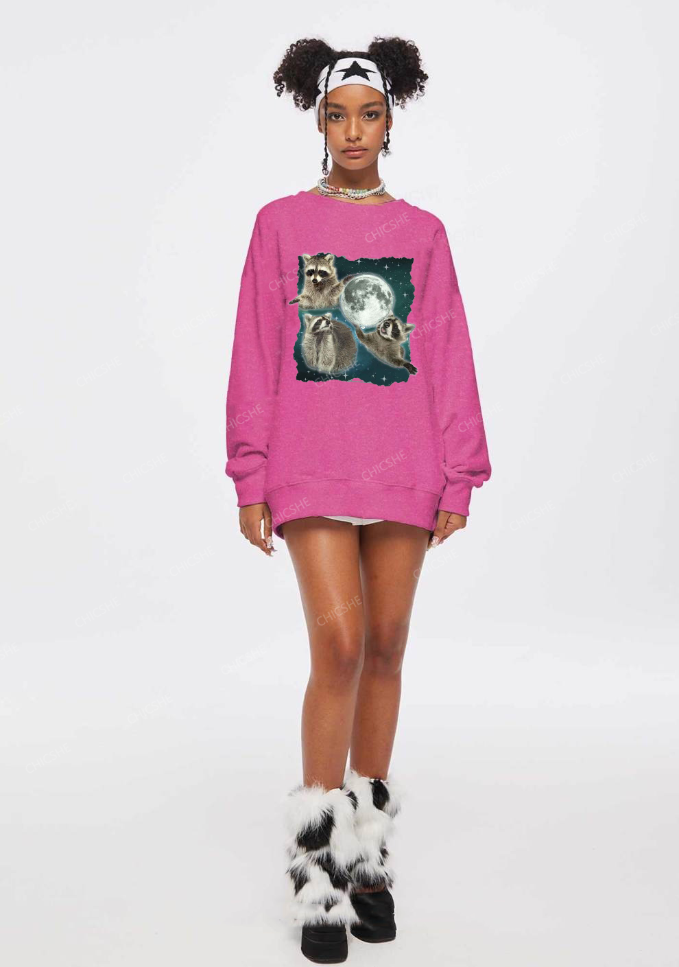 Raccoon Moon Y2K Washed Sweatshirts Chicshe