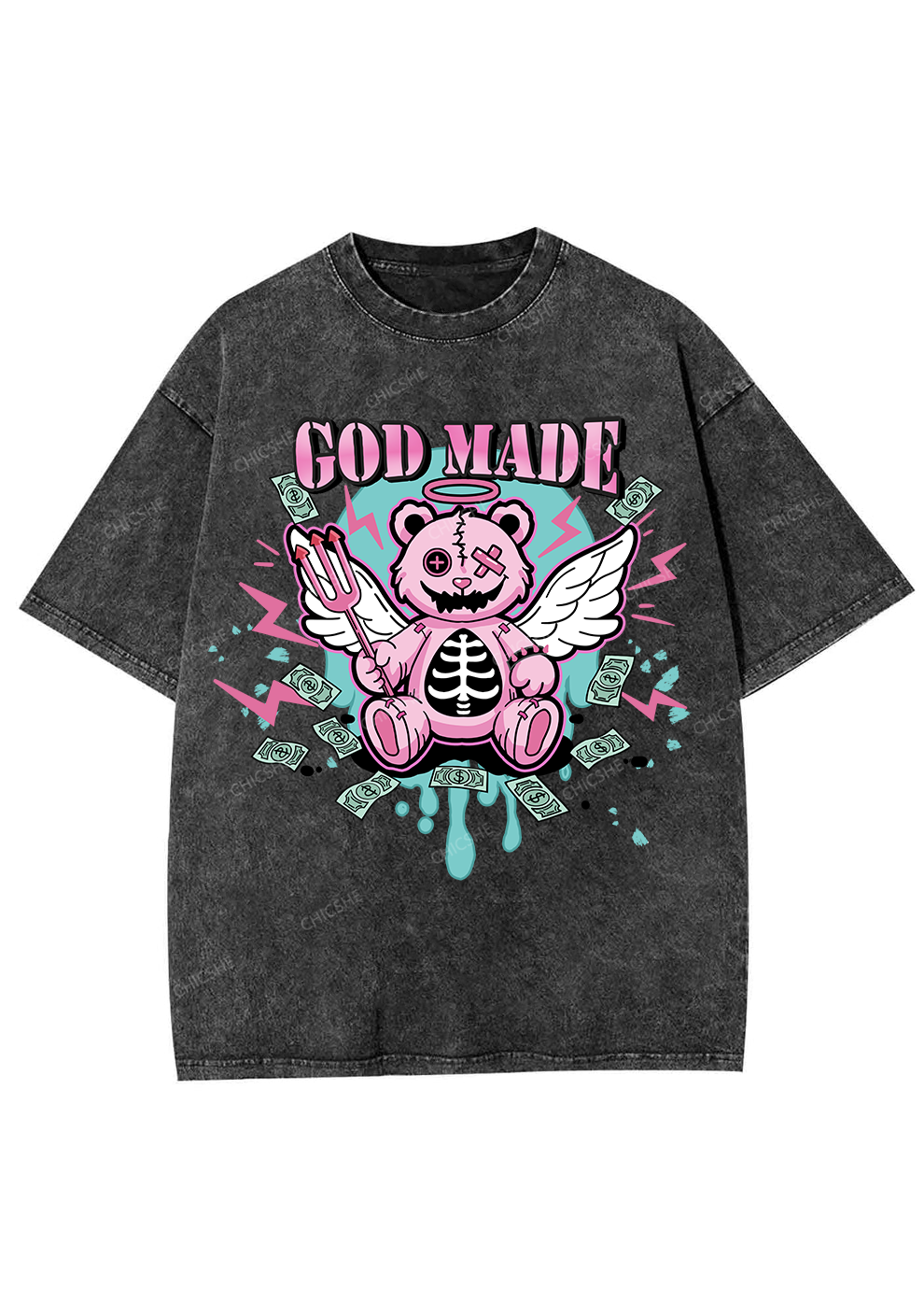 Chicshe God Made Print Y2K Shirts Washed Tee