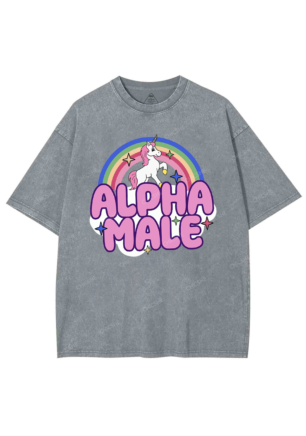 Rainbow Unicorn Alpha Male Y2K Washed Tee Chicshe
