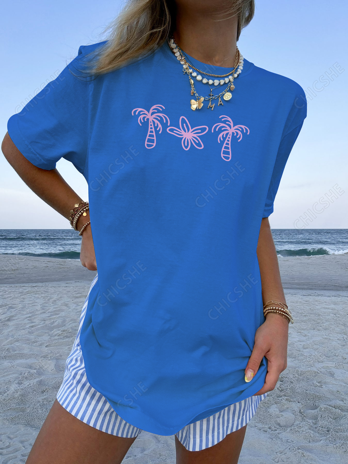 Pink Lines Ocean Pattern Print T-Shirt