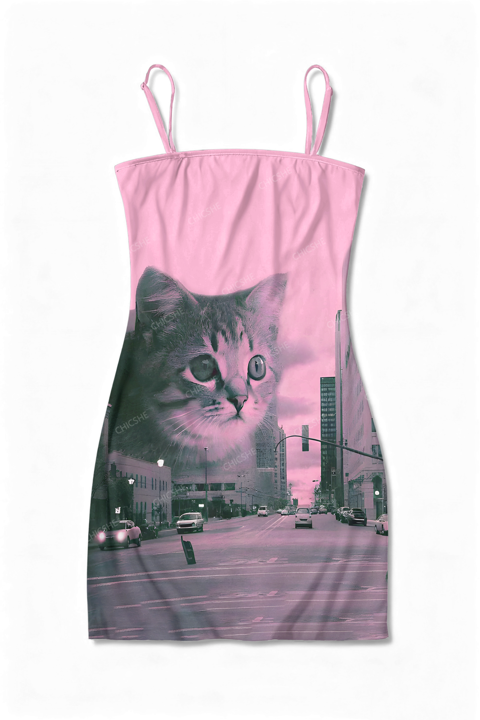 Giant Cats In The City Y2K Print Slip Dress Chicshe 