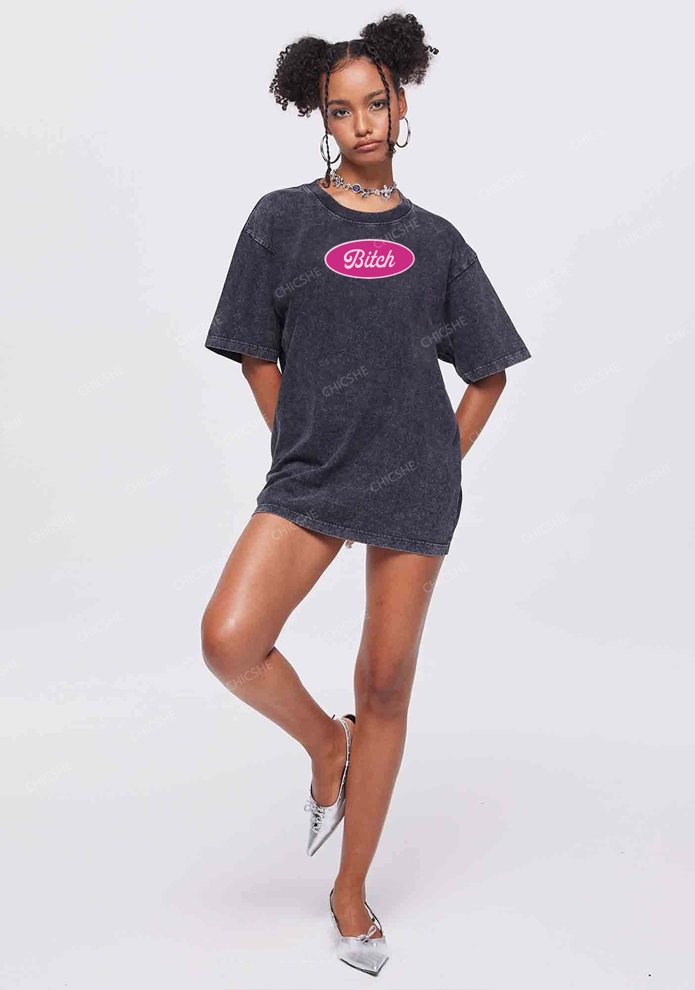 Chicshe Bitch Printing Y2K Shirts Washed Tee